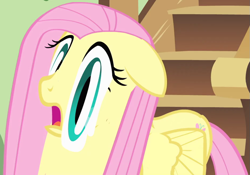 Size: 935x656 | Tagged: safe, derpibooru import, screencap, fluttershy, pegasus, pony, a bird in the hoof, season 1, animation error, close-up, cropped, ears, faic, female, floppy ears, fluttershy's cottage, frown, funny, great moments in animation, hallway, mare, open mouth, picture frame, quality, smear frame, solo, stairs, wat, wide eyes