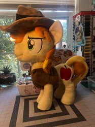 Size: 1078x1440 | Tagged: safe, artist:emberfallplush, derpibooru import, braeburn, earth pony, pony, clothes, hat, irl, male, photo, plushie, smiling, solo, stallion, standing, vest