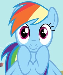 Size: 487x585 | Tagged: safe, derpibooru import, screencap, rainbow dash, pegasus, pony, a bird in the hoof, season 1, cropped, cute, dashabetes, female, flying, happy, hoof on cheek, looking at you, mare, smiling, solo