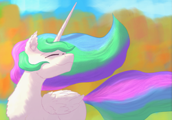 Size: 1131x786 | Tagged: safe, artist:gosha305, derpibooru import, princess celestia, alicorn, pony, cute, cutelestia, eyes closed, female, mare, missing accessory, smiling, solo, windswept mane