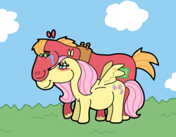 Size: 1134x878 | Tagged: safe, artist:cookie-lovey, derpibooru import, big macintosh, fluttershy, earth pony, pegasus, pony, 2011, blushing, cloud, crying, duo, duo male and female, female, fluttermac, grass, grass field, height difference, lidded eyes, looking at each other, looking at someone, male, mare, neck nuzzle, preggoshy, pregnant, shipping, sky, smiling, smiling at each other, spread wings, stallion, straight, style emulation, tears of joy, the fairly oddparents, wings