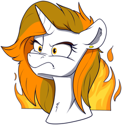 Size: 1071x1092 | Tagged: safe, artist:rutkotka, derpibooru import, oc, oc only, oc:aurora shinespark, pony, unicorn, :c, >:c, angry, ear piercing, earring, female, fire, frown, furious, glare, horn, jewelry, mare, no source available, piercing, simple background, solo, transparent background, unicorn oc