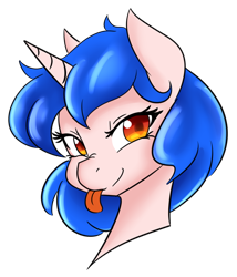 Size: 600x700 | Tagged: safe, artist:jovalic, derpibooru import, oc, oc only, oc:frosty flare, unicorn, :p, bust, female, horn, looking at you, portrait, simple background, smiling, tongue, tongue out, transparent background, unicorn oc