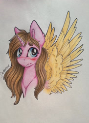 Size: 1024x1404 | Tagged: safe, artist:dexterisse, derpibooru import, oc, oc only, oc:carmela, alicorn, alicorn oc, horn, simple background, solo, traditional art, white background, wings