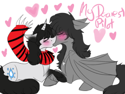 Size: 800x600 | Tagged: safe, artist:dokuyuu, derpibooru import, oc, oc only, bat pony, unicorn, bat pony oc, blushing, clothes, colored, couple, duo, eyes closed, flat colors, holding hooves, horn, kissing, scarf, simple background, text, transparent background, unicorn oc