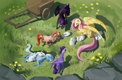 Size: 4093x2680 | Tagged: safe, artist:varwing, derpibooru import, fluttershy, trixie, oc, pony, rabbit, animal, cart