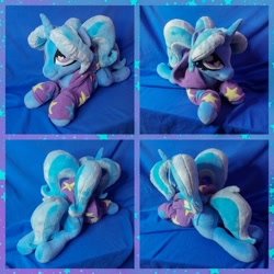 Size: 2048x2048 | Tagged: safe, artist:hellishnya, derpibooru import, trixie, pony, unicorn, alternate hairstyle, babysitter trixie, clothes, female, hoodie, horn, irl, lying down, mare, photo, pigtails, plushie, prone, solo