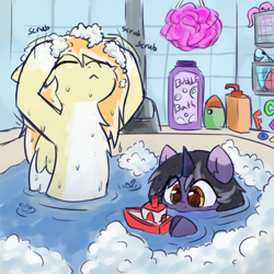 Size: 2000x2000 | Tagged: safe, artist:rivibaes, derpibooru import, oc, oc:orange cream, oc:rivibaes, pegasus, unicorn, bath, boat, bubble, female, filly, foal, horn, mare, mother and child, mother and daughter, parent and child, scrubbing, toy