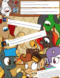 Size: 700x909 | Tagged: safe, artist:subjectnumber2394, derpibooru import, oc, oc:copper wings, oc:humming way, oc:jade shine, oc:steel strings, pegasus, pony, unicorn, ask, ask copper wings, clothes, comic, goggles, jacket, male, stallion, wingless