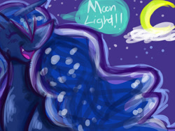 Size: 900x675 | Tagged: safe, artist:dokuyuu, derpibooru import, princess luna, alicorn, pony, female, happy, mare, night, simple background, solo, starry background, text, yelling