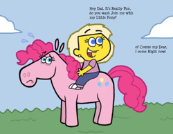 Size: 1134x878 | Tagged: safe, artist:cookie-lovey, derpibooru import, pinkie pie, earth pony, pony, 2011, child, crossover, dialogue, duo, duo female, female, frown, greta wolfcastle, humans riding ponies, nervous sweat, offscreen character, open mouth, open smile, riding, smiling, style emulation, the fairly oddparents, the simpsons, this will end in pain