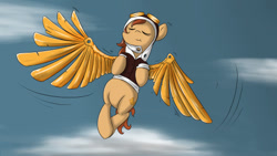 Size: 500x281 | Tagged: safe, artist:geneticanomaly, derpibooru import, oc, oc only, oc:copper wings, pegasus, ask-twi, augmented wings, clothes, fanart, flying, goggles, jacket, solo