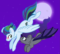 Size: 697x632 | Tagged: safe, artist:madzbases, artist:pastelnightyt, derpibooru import, oc, oc:midnight lullaby, oc:rainbow storm, bat pony, pegasus, pony, base used, duo, female, flying, male, mare, night, offspring, parent:rainbow dash, parent:soarin', parents:soarindash, stallion