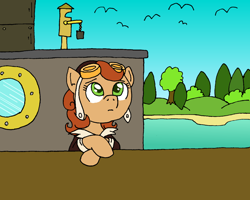Size: 1280x1022 | Tagged: safe, artist:merkleythedrunken, derpibooru import, oc, oc only, oc:copper wings, bird, pegasus, pony, boat, clothes, goggles, jacket, river, ship, solo, water, wingless