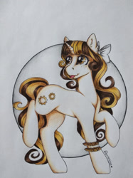 Size: 1024x1366 | Tagged: safe, artist:dexterisse, derpibooru import, oc, oc only, oc:golden stream, pony, unicorn, female, horn, mare, simple background, solo, traditional art, unicorn oc, white background