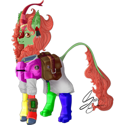 Size: 2215x2215 | Tagged: safe, artist:senpai-satan, derpibooru import, oc, oc only, oc:spring glow, kirin, fallout equestria, accessory, armor, bag, clothes, combat armor, commission, female, jumpsuit, kirin oc, lab coat, mare, pipbuck, saddle bag, signature, simple background, solo, transparent background, vault suit