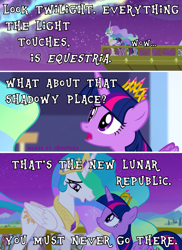 Size: 1005x1382 | Tagged: safe, derpibooru import, edit, edited screencap, screencap, princess celestia, twilight sparkle, twilight sparkle (alicorn), alicorn, pony, twilight's kingdom, aurora borealis, comic, duo, duo female, female, new lunar republic, scene interpretation, screencap comic, sky, stars, text, the lion king, you'll play your part