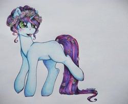 Size: 3587x2921 | Tagged: safe, artist:dexterisse, derpibooru import, oc, oc:flower crown, unicorn, female, horn, mare, simple background, solo, traditional art, unicorn oc, white background