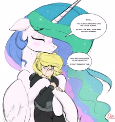 Size: 2360x2504 | Tagged: safe, artist:thelunarmoon, derpibooru import, princess celestia, oc, oc:lunar moon, human, pony, glasses, hug, momlestia, simple background, size difference, white background