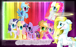 Size: 2220x1388 | Tagged: safe, artist:angellightyt, derpibooru import, applejack, fluttershy, pinkie pie, rainbow dash, rarity, twilight sparkle, twilight sparkle (alicorn), oc, oc:angel light, alicorn, earth pony, pegasus, pony, unicorn, female, halo, jewelry, mane six, mare, necklace, pegasus oc