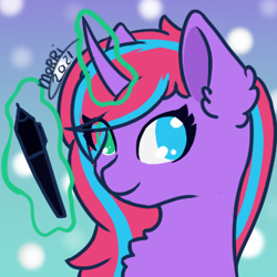 Size: 334x334 | Tagged: safe, artist:backgroundpony#f352, derpibooru import, oc, oc only, pony, unicorn, eyes open, female, horn, magic, mare, pen, signature, solo