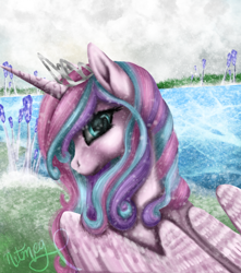 Size: 590x666 | Tagged: safe, artist:nutmeg04, derpibooru import, princess flurry heart, alicorn, pony, crown, crystal, female, jewelry, looking at you, looking back, looking back at you, mare, multicolored hair, regalia, solo, water, wings