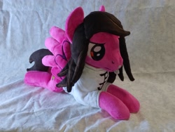 Size: 4096x3072 | Tagged: safe, artist:bluedragonflyplush, derpibooru import, pegasus, pony, clothes, commission, irl, lip piercing, lying down, male, mike fuentes, photo, pierce the veil, piercing, plushie, ponified, prone, shirt, species swap, spread wings, stallion, t-shirt, wings