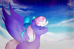 Size: 1500x1000 | Tagged: safe, artist:angellightyt, derpibooru import, oc, oc only, pegasus, pony, cloud, eyes closed, female, mare, night, outdoors, pegasus oc, solo, stars, wings