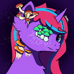 Size: 500x500 | Tagged: safe, artist:backgroundpony#f352, derpibooru import, oc, oc only, pony, unicorn, eyes open, female, halloween 2022, horn, mare, mushroom, signature, solo