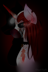 Size: 569x846 | Tagged: safe, artist:angellightyt, derpibooru import, oc, oc only, pony, unicorn, black background, black sclera, bust, choker, creepy, eye scar, facial scar, female, horn, mare, scar, simple background, solo, unicorn oc