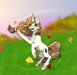 Size: 1000x966 | Tagged: safe, artist:nutmeg04, derpibooru import, oc, oc only, pony, unicorn, autumn, bipedal, female, horn, leaves, mare, raised leg, simple background, solo, unicorn oc, waving