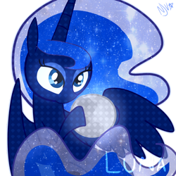 Size: 1024x1024 | Tagged: safe, artist:chandelurres, derpibooru import, princess luna, alicorn, pony, female, mare, moon, simple background, solo, spread wings, transparent background, wings