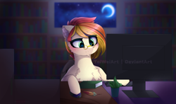 Size: 2893x1700 | Tagged: safe, artist:taiweiart, derpibooru import, oc, oc only, earth pony, pony, bust, crescent moon, ear fluff, ears, glasses, indoors, library, male, moon, solo, stallion