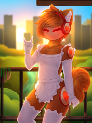 Size: 1875x2500 | Tagged: safe, artist:taiweiart, derpibooru import, anthro, cyborg, pony, apron, clothes, ear fluff, ears, evening gloves, gloves, headphones, long gloves, naked apron, nudity, outdoors, partial nudity, peace sign, ponified, protogen, smiling, solo, species swap