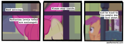 Size: 720x261 | Tagged: safe, edit, edited screencap, screencap, apple bloom, scootaloo, sweetie belle, earth pony, pegasus, unicorn, somepony to watch over me, a softer world, apple bloom's bow, comic, cutie mark crusaders, radiation, screencap comic, text, window