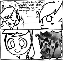 Size: 500x494 | Tagged: safe, artist:omelettepony, ponerpics import, oc, oc only, earth pony, pony, 2 panel comic, comic, duo, earbuds, female, grayscale, listening to music, mare, monochrome, thought bubble