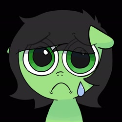 Size: 2048x2048 | Tagged: safe, artist:omelettepony, ponerpics import, oc, oc only, oc:anon filly, earth pony, pony, black background, female, filly, foal, frown, looking at you, sad, simple background, solo, teardrop, wide eyes