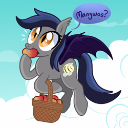 Size: 2100x2100 | Tagged: safe, artist:goreharvest, derpibooru import, oc, oc only, oc:echo, bat pony, pony, basket, female, food, herbivore, mango, mare, one word, sky background, solo, speech bubble