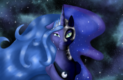 Size: 3727x2440 | Tagged: safe, artist:nutmeg04, derpibooru import, nightmare moon, princess luna, alicorn, pony, bust, ethereal mane, female, mare, portrait, sad, solo, starry background, starry mane, wavy mane