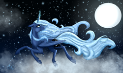 Size: 4812x2887 | Tagged: safe, artist:nutmeg04, derpibooru import, princess luna, alicorn, pony, ethereal mane, female, full moon, glowing, glowing horn, horn, looking back, mare, moon, side view, solo, starry background, starry mane, starry tail, tail