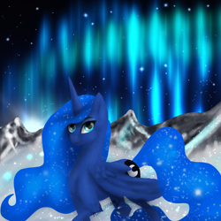 Size: 2048x2048 | Tagged: safe, artist:nutmeg04, derpibooru import, princess luna, alicorn, pony, aurora borealis, ethereal mane, female, looking at you, mare, mountain, mountain range, side view, solo, starry mane, starry sky, starry tail, tail, winter