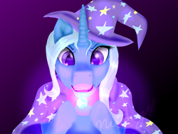 Size: 2975x2247 | Tagged: safe, artist:nutmeg04, derpibooru import, trixie, pony, unicorn, artifact, cape, clothes, female, hat, holding, magic, mare, simple background, solo, stare, trixie's cape, trixie's hat