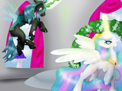 Size: 1600x1200 | Tagged: safe, artist:nutmeg04, derpibooru import, princess celestia, queen chrysalis, alicorn, changeling, pony, canterlot, duo, facing each other, female, glowing, glowing horn, horn, mare, royal wedding, stare