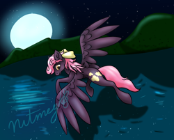 Size: 1800x1450 | Tagged: safe, artist:nutmeg04, derpibooru import, oc, oc only, pegasus, pony, female, flying, full moon, looking at you, looking back, looking back at you, mare, moon, mountain, mountain range, shoreline, solo, starry sky, wave