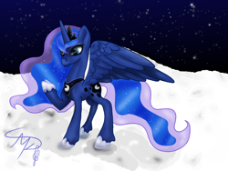 Size: 800x600 | Tagged: safe, artist:nutmeg04, derpibooru import, princess luna, alicorn, pony, ethereal mane, female, mare, on the moon, raised hoof, raised leg, solo, spread wings, starry background, starry mane, starry tail, tail, wings