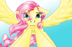 Size: 874x574 | Tagged: safe, artist:nutmeg04, derpibooru import, fluttershy, pegasus, pony, female, lip bite, looking at you, mare, reaching, simple background, solo, spread wings, wings