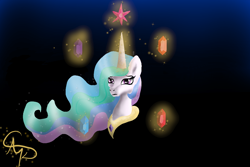 Size: 1200x800 | Tagged: safe, artist:nutmeg04, derpibooru import, princess celestia, alicorn, pony, bust, element of generosity, element of honesty, element of kindness, element of laughter, element of loyalty, element of magic, elements of harmony, female, frown, glowing, glowing horn, horn, jewelry, mare, regalia, sad, simple background, solo