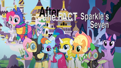 Size: 1280x720 | Tagged: safe, artist:mlp-silver-quill, derpibooru import, applejack, fluttershy, pinkie pie, rainbow dash, rarity, spike, twilight sparkle, twilight sparkle (alicorn), alicorn, dragon, earth pony, pegasus, pony, unicorn, after the fact, after the fact:sparkle's seven, alternate hairstyle, applejack also dresses in style, canterlot, clothes, costume, dangerous mission outfit, goggles, hoodie, mane seven, mane six, megaradash, piñata costume, rainbow dash always dresses in style, rainbow dash is not amused, royal guard rarity, title card, unamused, winged spike, wings