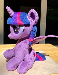 Size: 1580x2048 | Tagged: safe, artist:rtryart, derpibooru import, twilight sparkle, twilight sparkle (alicorn), alicorn, pony, female, horn, irl, mare, photo, plushie, sitting, smiling, solo, spread wings, wings