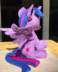 Size: 1662x2048 | Tagged: safe, artist:rtryart, derpibooru import, twilight sparkle, twilight sparkle (alicorn), alicorn, pony, female, horn, irl, mare, photo, plushie, sitting, smiling, solo, spread wings, wings